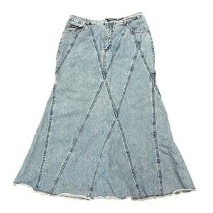 Jeanology Maxi Denim Skirt Y2K 90s Fit Flare Asymmetric Raw Hem Size 14 Boho